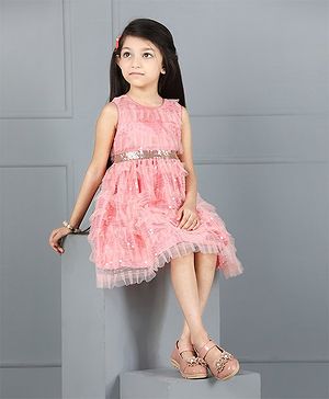 Babyhug Sleeveless Party Frock Ruffle & Sequin Detail - Peach