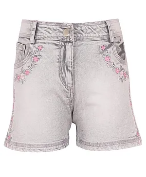Cutecumber Floral Embroidered Denim Shorts - Grey