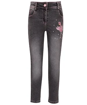 Cutecumber Full Length Flamingo Embroidered Jeans - Grey