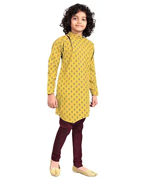 Nakshi By Yug Full Sleeves Diamond Butti Kurta & Churidar Set - Yellow