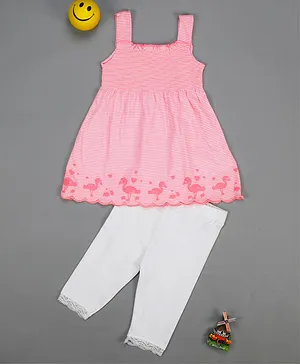 Little Jump Sleeveless Striped Flamingo Design Dress With Lace Trim Leggings - Pink