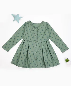 Little Jump Full Sleeves Fit & Flare Nautical Print Dress - Green