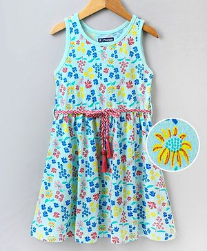 Pine Kids Sleeveless Biowash Frock Floral Print - Sea Green