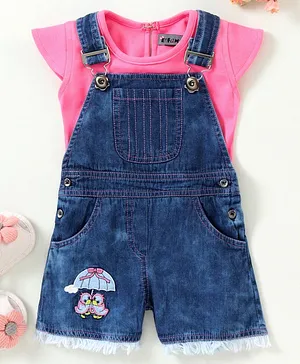 Enfance Core Cap Sleeves Top With Bird Patch Detailing Dungaree - Pink & Blue