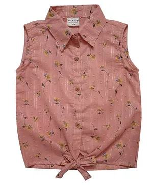 Snowflakes Sleeveless Floral Print Shirt Style Top  - Peach