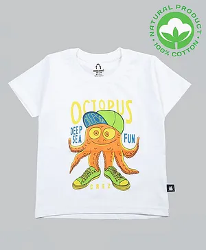 Crazy Penguin Half Sleeves Octopus Print T-Shirt  - White