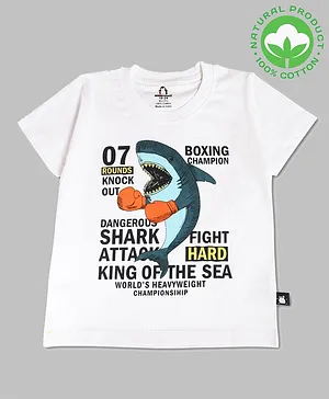 Crazy Penguin Half Sleeves Shark Print T-Shirt  - White