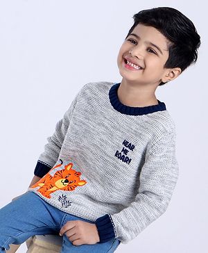 Babyhug Full Sleeves Pull Over Sweater Tiger Embroidery - Grey