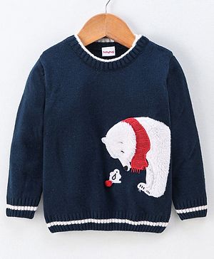 Babyhug Full Sleeves Sweater Bear Applique - Blue