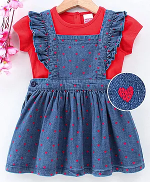 Babyhug Dungaree Style Denim Frock with Short Sleeves Inner Tee - Blue Red