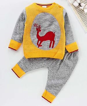 Babyhug Full Sleeves Baby Sweater Set Deer Print - Grey Mustard