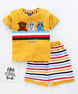 Jb Club Half Sleeves Animal Design Tee With Striped Shorts - Yellow