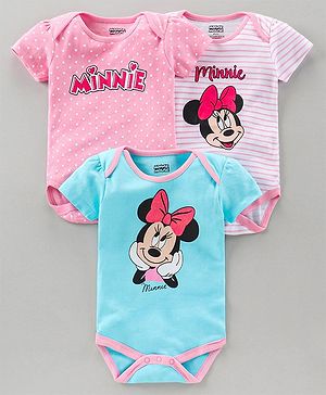 Babyhug Half Sleeves 100% Cotton Onesie Minnie Mouse Print Pack of 3 - Blue Pink