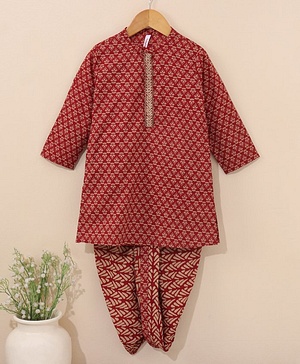 Babyhug Full Sleeves Kurta and Dhoti Set - Maroon Beige