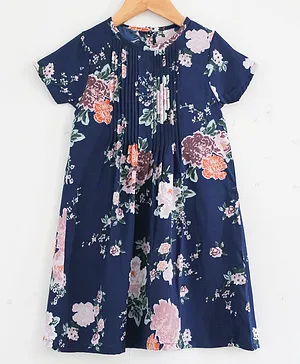 Woonie Half Sleeves Flower Print Dress - Blue