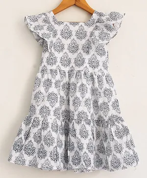 Woonie Cap Sleeves Floral Block Print Dress - White