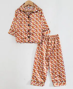 Woonie Full Sleeves Abstract Print Night Suit - Yellow & Peach