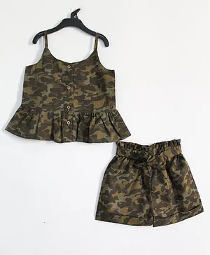 Woonie Sleeveless Camouflage Print Top With Shorts - Multi Colour