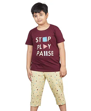 Soft Touche Short Sleeves Text Print Night Suit - Maroon