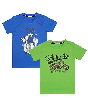 Luke and Lilly Pack Of 2 Half Sleeves Cricket Club Print Tees - Blue & Green