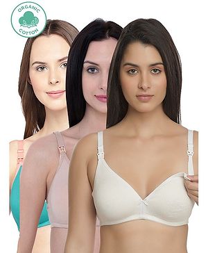 Inner Sense Pack Of 3 Organic Cotton Antimicrobial Solid Colour Nursing Bra - Sea Green White Beige