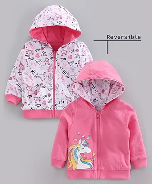 Babyoye Cotton Full Sleeves Hooded Reversible Sweat Jacket Unicorn Print - White Light Pink