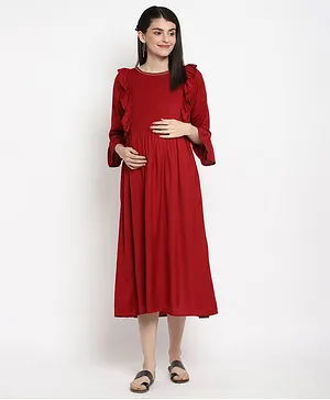 The Vanca Three Fourth Sleeves Frill Details On Yoke Maternity Dress - Red
