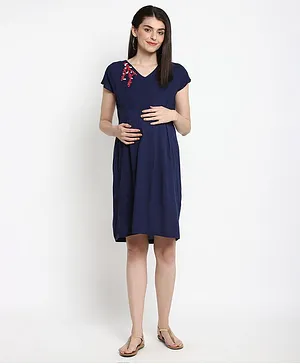 The Vanca Women Maternity Pleated Dress With Embroidery - Navy