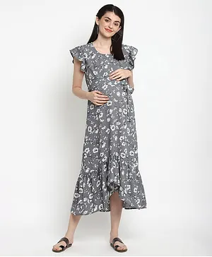 The Vanca Flower Print Short Sleeves High Low Maxi Maternity Dress - Grey