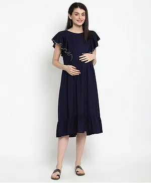 The Vanca Short Sleeves Solid Maternity Midi Dress - Navy Blue
