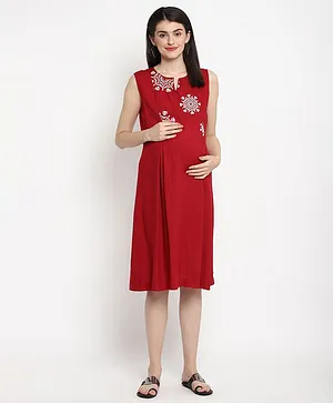 The Vanca Embroidered Neckline Sleeveless Maternity Dress - Red