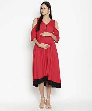 The Vanca Solid Half Sleeves Maternity Dress With Feeding Access - Maroon