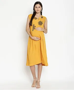 The Vanca Flower Embroidered Sleeveless Maternity Dress With Nursing Access - Yellow