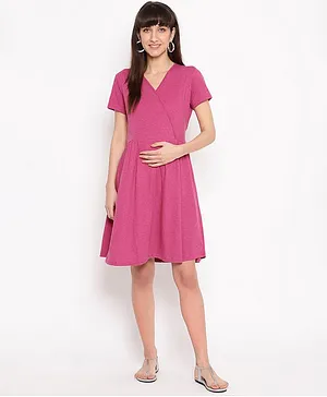 The Vanca Half Sleeves Solid Maternity Wrap Dress - Pink