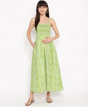 The Vanca Printed Sleeveless Maternity Smocked Maxi Dress - Green