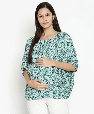 The Vanca Flower Print Half Sleeves Maternity Slouch Top With Feeding Access - Green