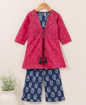 Babyhug Full Sleeves Top and Palazzo Pant with Shrug - Blue Pink Babyhug Full Sleeves Top and Palazzo Pant with Shrug - Blue Pink