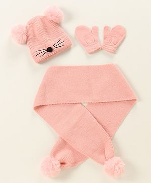 Babyhug Woollen Cap with Muffler Pink - Diameter 9 cm