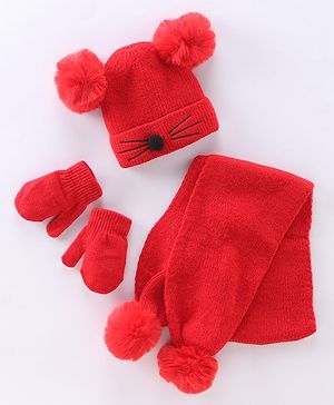 Babyhug Woollen Cap with Muffler - Red