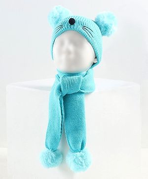 Babyhug Woollen Cap with Muffler Blue - Diameter 11 cm