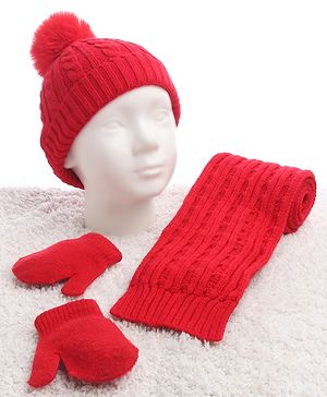 Babyhug Woollen Cap with Muffler Set Red - Diameter 9 cm