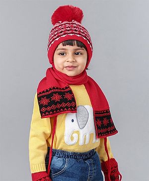 Babyhug Woolen Cap, Mittens and Scarf Red - Cap Diameter 9. 5 cm