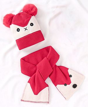 Babyhug Woollen Cap and Muffler Set Red - Diameter 9 cm