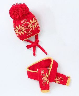Babyhug Woollen Cap with Muffler & Mittens Red - Diameter 7 cm