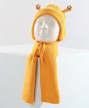 Babyhug Cable Knit Cap with Muffler and MIttens - Yellow