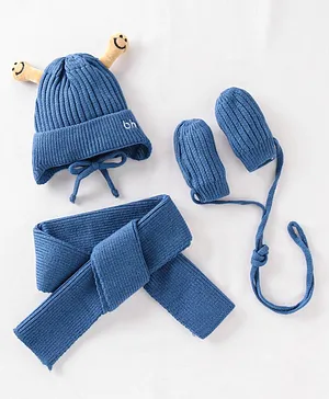 Babuhug Cable Knit Cap with Muffler and MIttens - Blue
