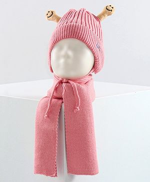Babyhug Cable Knit Cap with Muffler - Pink