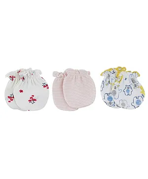 Baby Moo 100% Cotton Set Of Mittens Striped Print Pack of 3 (Color May Vary)