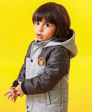 Babyhug Full Sleeves Hooded Padded Jacket Tiger Embroidery - Grey