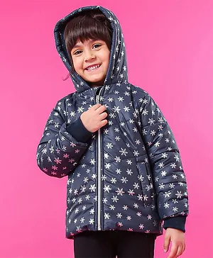 Babyhug Full Sleeves Hooded Padded Jacket Snowflakes Print - Navy Blue
